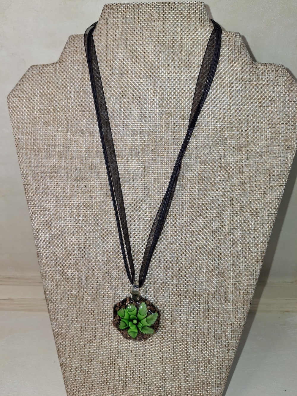 Murano-style Green & Black Floral Glass Pendant Necklace